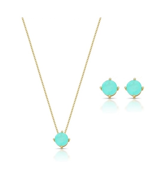 Conjunto Redondo Esmeralda Colombiana Fusion Banhado a Ouro