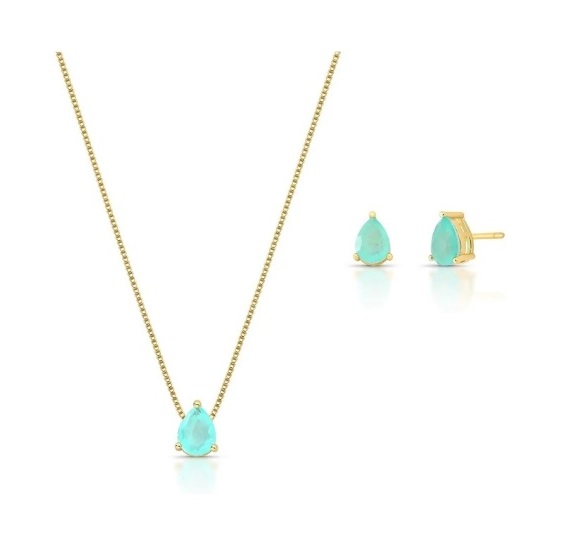 Conjunto Gota Esmeralda Colombiana Fusion Banhado a Ouro