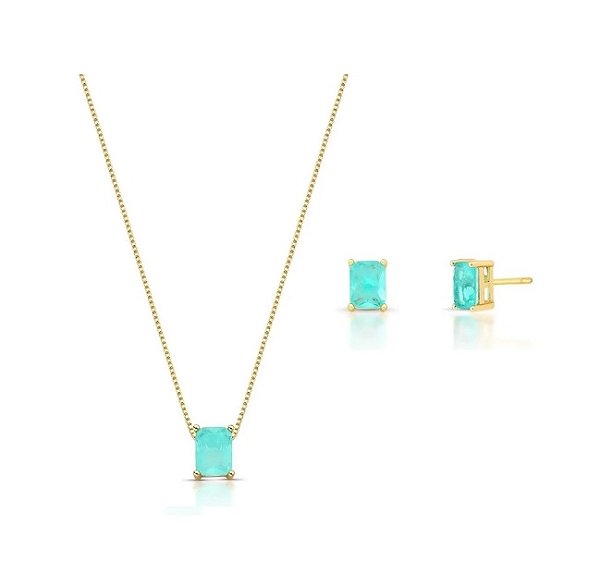 Conjunto Retangular Esmeralda Colombiana Fusion Banhado a Ouro