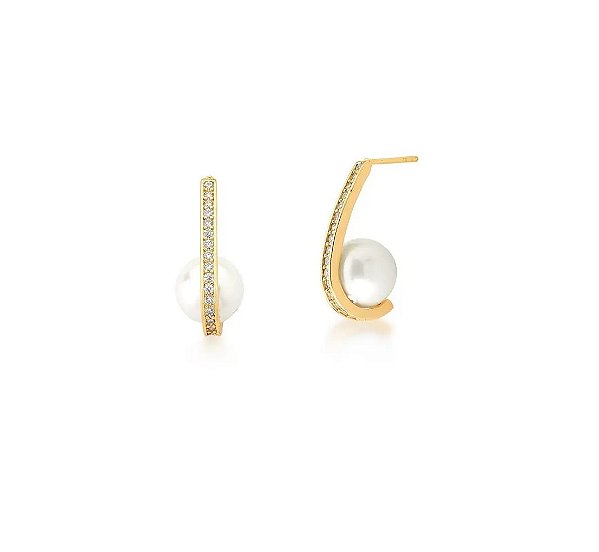 Brinco Curvo com Cravejado com Pérola Banhado a Ouro