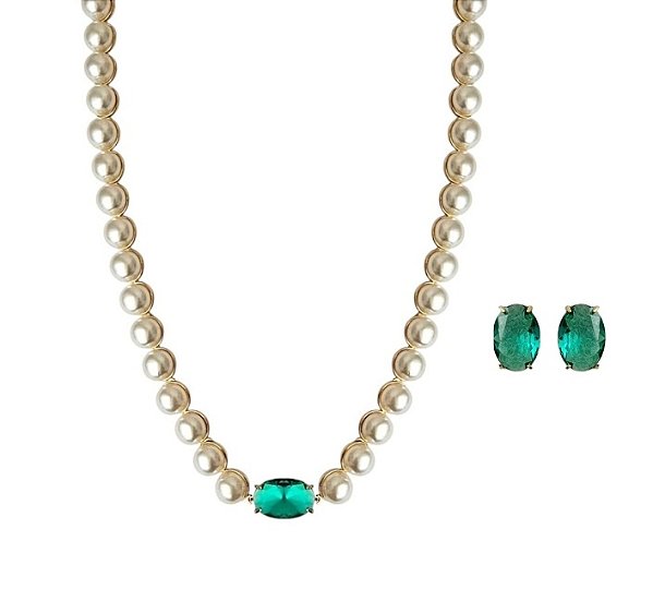 Conjunto Pérola com Cristal Turmalina Banhado a Ouro