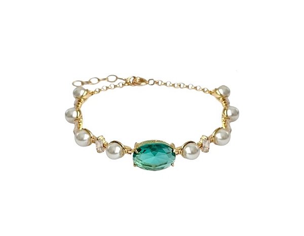 Pulseira de Pérola com Cristal Turmalina Banhado a Ouro