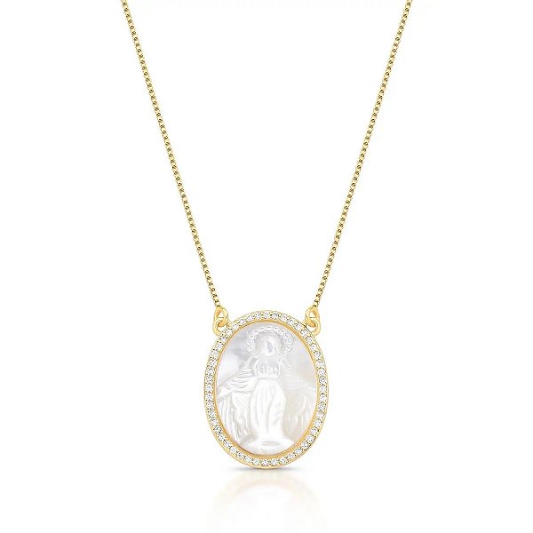 Colar Nossa Senhora das Graças Oval em Madrepérola com Cravação Lateral Banhado a Ouro