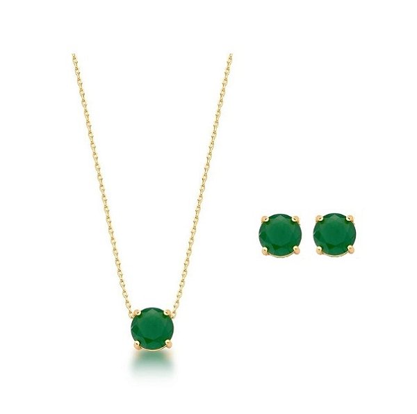 Conjunto Redondo Esmeralda Leitosa Banhado a Ouro