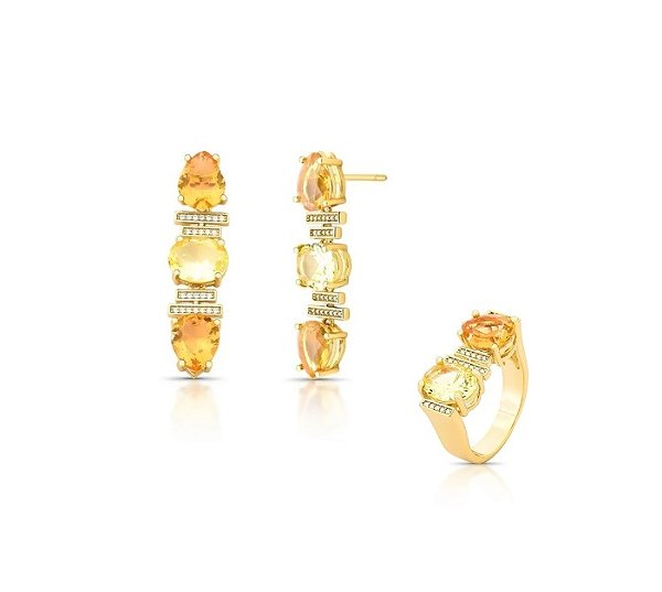 Conjunto de Brinco e Anel em Tons de Amarelo Banhado a Ouro