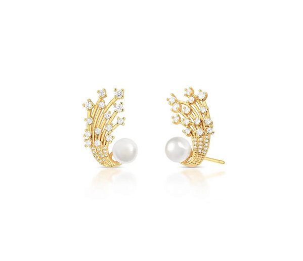 Brinco Ear Cuff de Pérola com Fileiras Curvas Cravejadas Banhado a Ouro