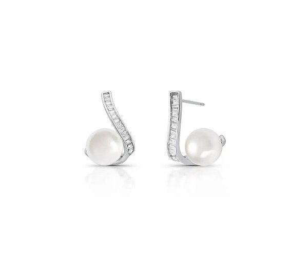 Brinco Curvo Baguetado com Pérola Banhado a Ródio Branco