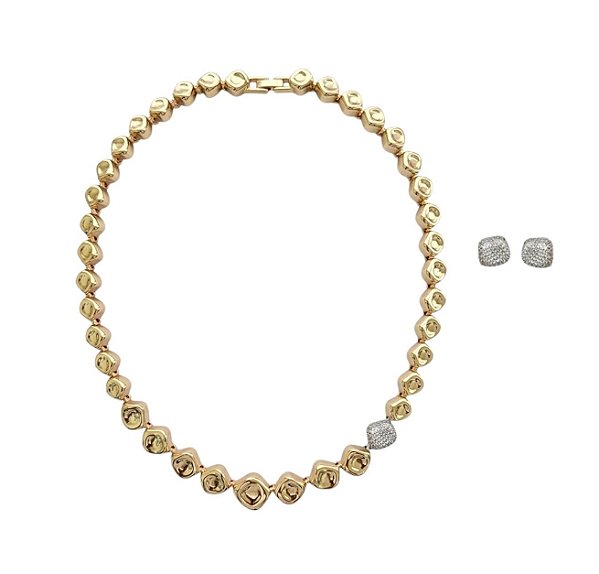 Conjunto Gomos Quadrados com Destaque Cravejado Banhado a Ouro