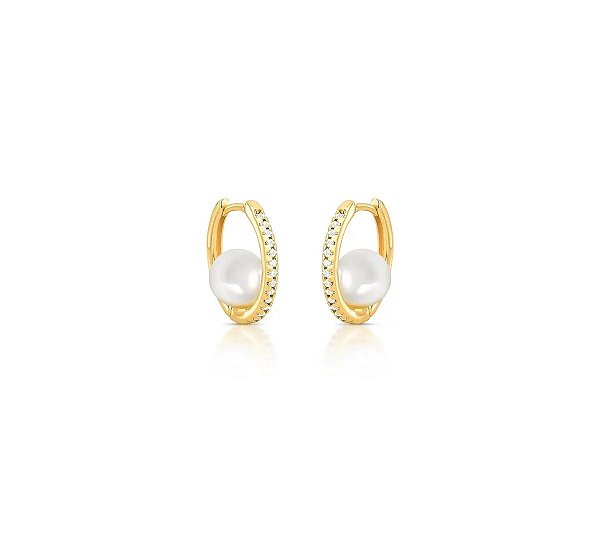 Argola Oval com Cravação Frontal e Pérola Banhada a Ouro