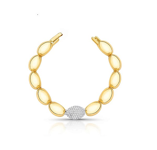 Pulseira Gomos Ovais com Uma Unidade Cravejada Banhado a Ouro