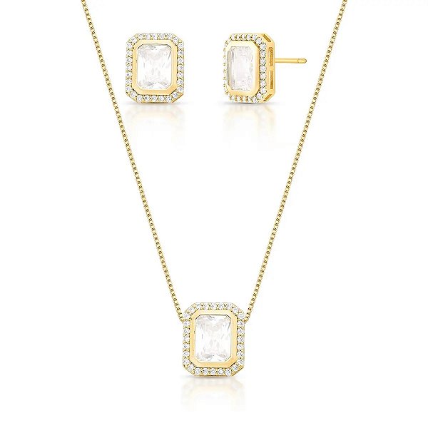 Conjunto Retangular Cravejado Banhado a Ouro