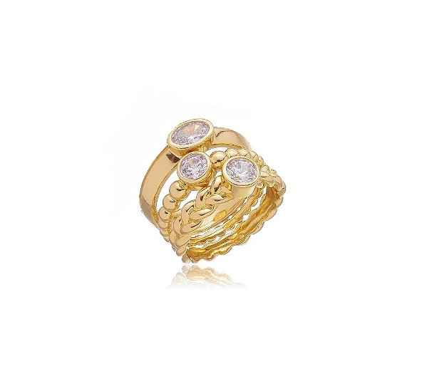 Trio de Aneis com Cravação Cristal Banhado a Ouro