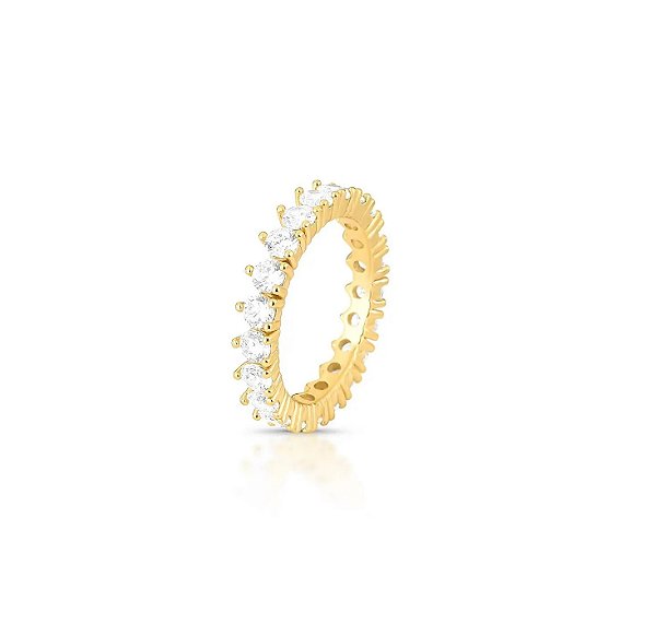 Anel Cravação Três Pontas Zircônia Cristal Banhado a Ouro