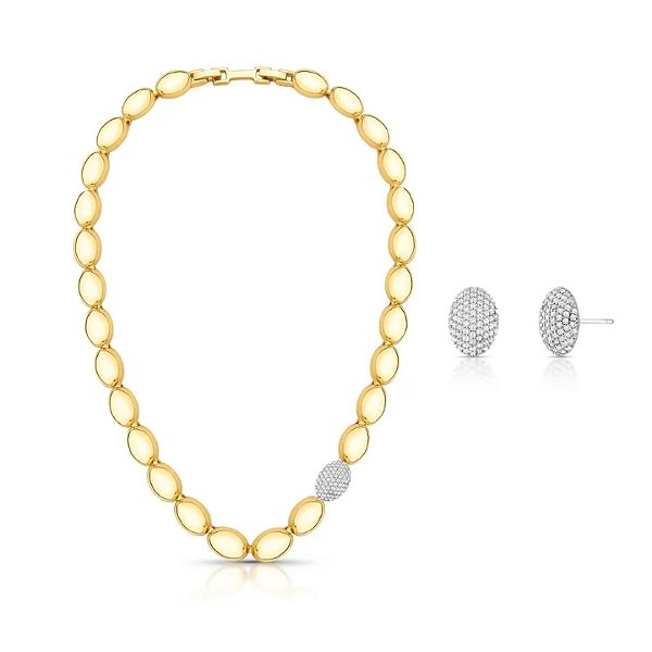 Conjunto Gomos Ovais com Destaque Cravejado Banhado a Ouro