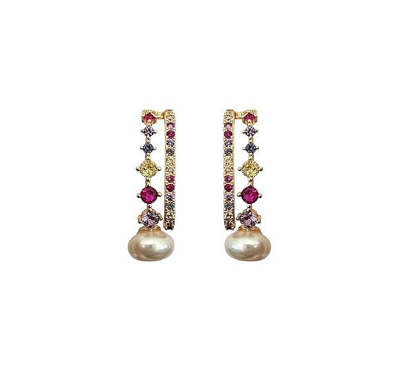 Brinco Ear hook com Cravação Colorida e Pérola Shell Banhado a Ouro