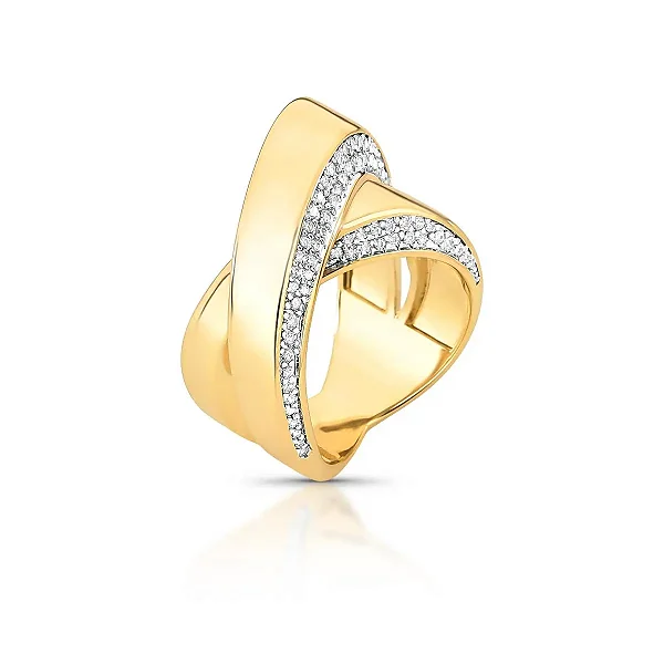 Anel Trançado com Cravação Lateral Banhado a Ouro