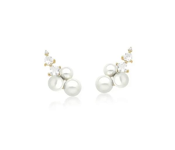 Brinco Ear Cuff com Pérolas e Zircônias Banhado a Ouro