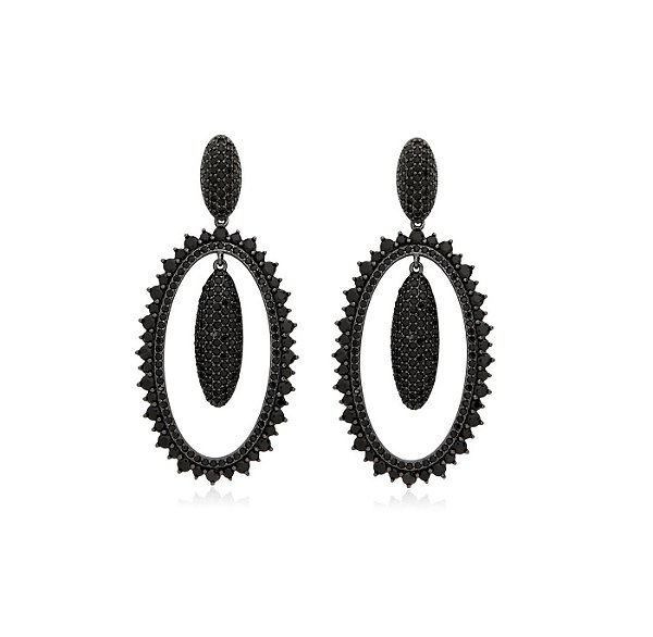 Brinco Oval em Pêndulo Cravejado Banhado a Ródio Negro