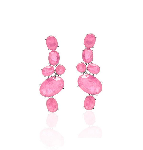 Brinco em Zircônias Ovais Turmalina Rosa Fusion Banhado a Ródio Branco