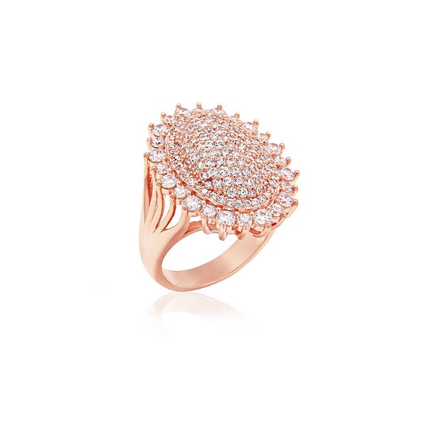 Anel Oval Cravejado Banhado a Ouro Rosê