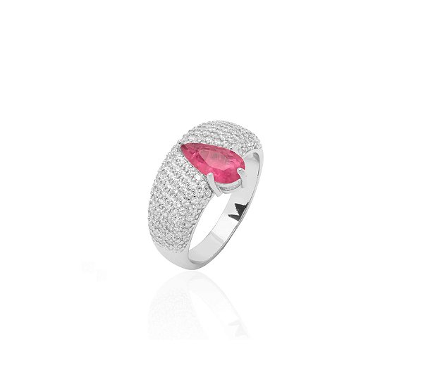 Anel Cravejado com Gota Turmalina Rosa Fusion Banhado a Ródio Branco