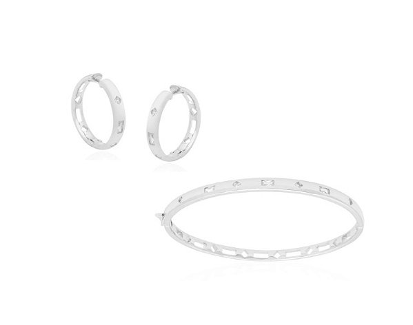 Conjunto de Bracelete e Argola com Cravação Frontal Geométrica Banhado a Ródio Branco