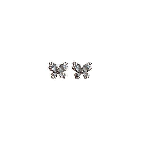Brinco Borboleta P Cravejada Aquamarine Banhado a Ródio Branco