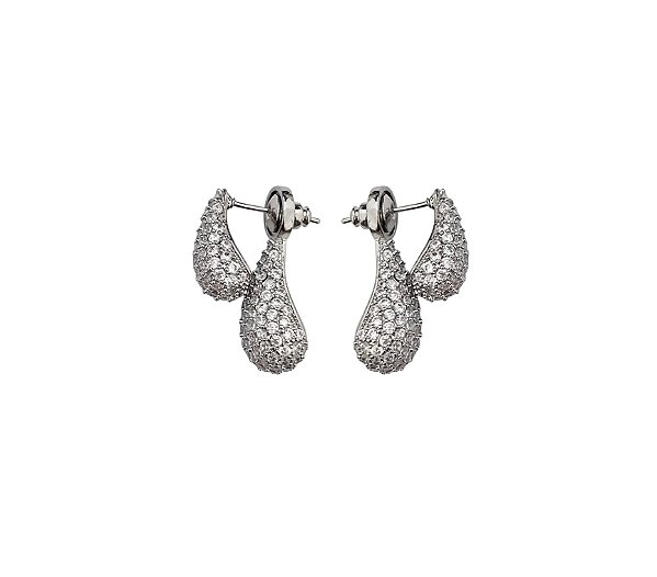 Brinco Ear Jacket Gota Dupla Cravejada Banhado a Ródio Branco