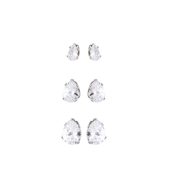 Trio de Brincos Gota Zircônia Cristal em Aço
