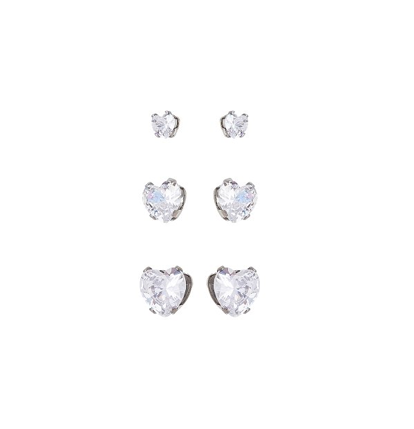 Trio de Brincos Coração Zircônia Cristal em Aço