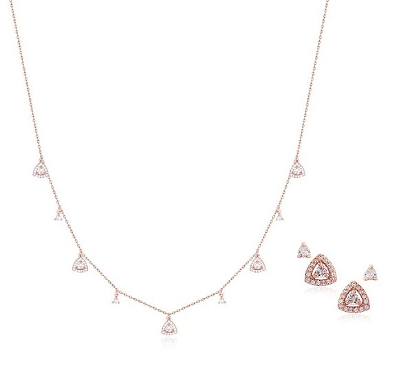 Conjunto de Colar com Dupla de Brincos Triagulares Banhado a Ouro Rosê