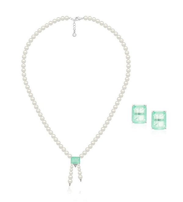 Conjunto em Pérolas e Zircônia Esmeralda Colombiana Banhado a Ródio Branco