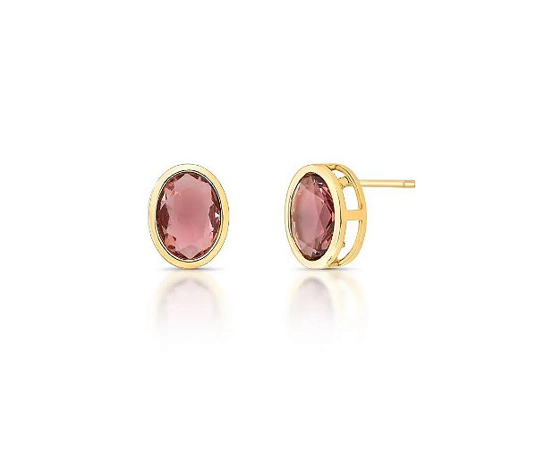 Brinco Oval Cristal Rosa Claro Banhado a Ouro
