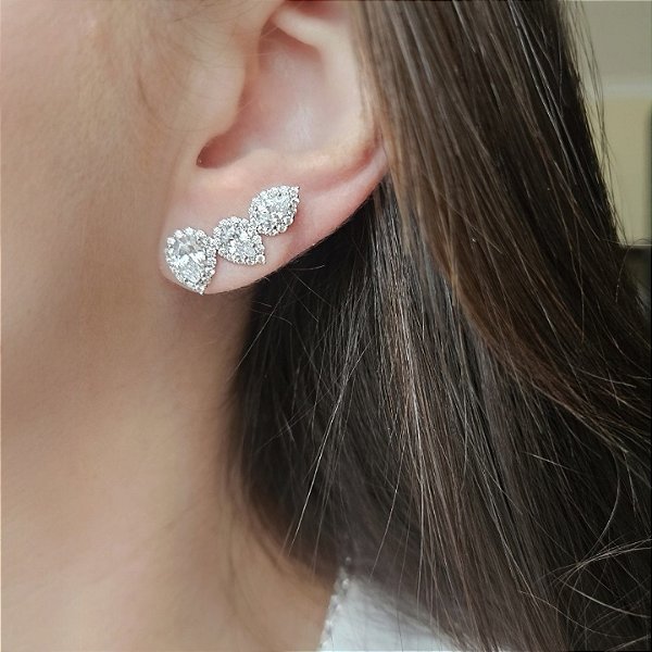 Brinco Ear Cuff Três Gotas Cristais Banhado a Ródio Branco