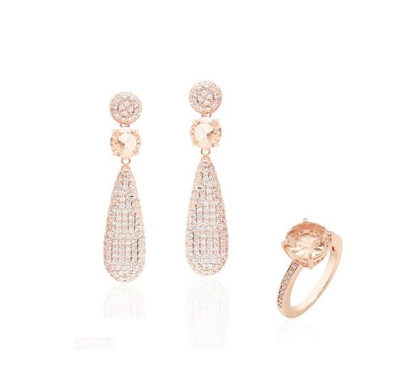 Conjunto de Brinco e Anel com Zircônia Morganita Banhado a Ouro Rosê