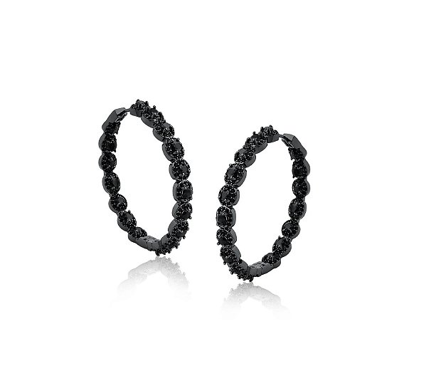 Argola Grande Cravação Oval Negra Banhada a Ródio Negro