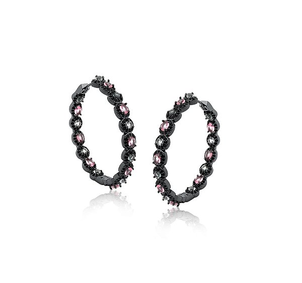 Argola Grande Cravação Oval Colorida Banhada a Ródio Negro