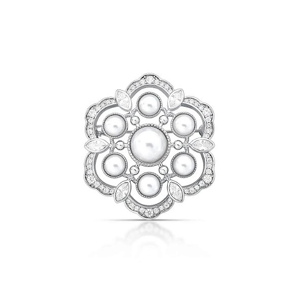 Broche Flor com Cristal Navete e Pérola Shell Banhado a Ródio Branco