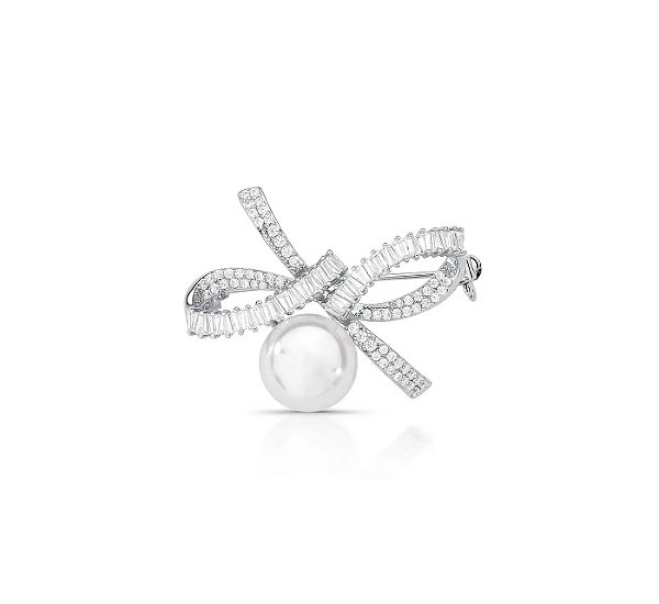 Broche de Laço com Pérola Shell Banhado a Ródio Branco