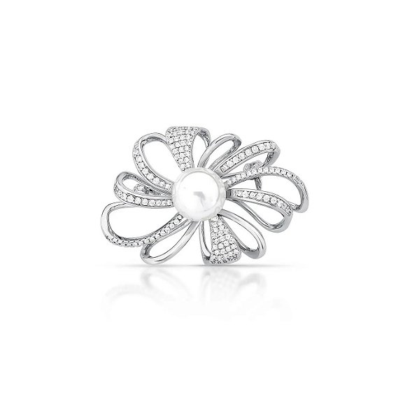 Broche Flor Cravejada com Pérola Shell Banhado a Ródio Branco