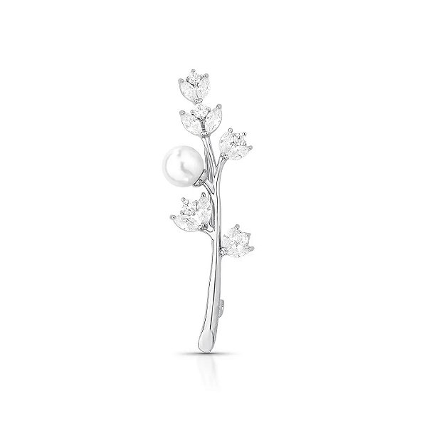 Broche de Flor com Cristal e Pérola Shell Banhado a Ródio Branco