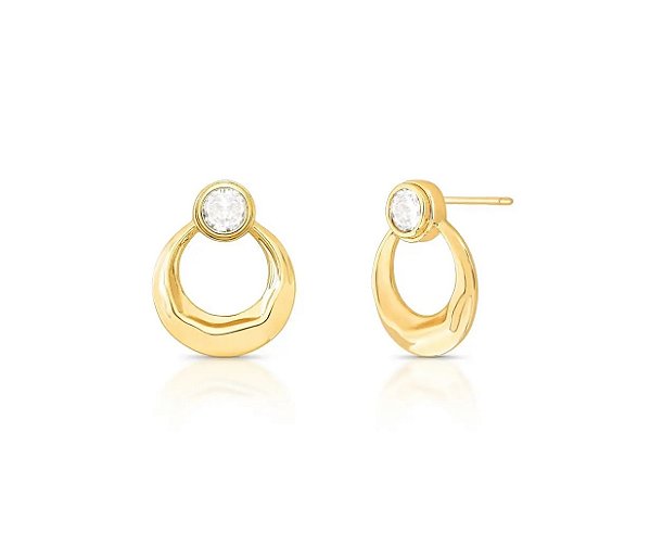 Brinco Oval Vazado com Cristal Redondo Banhado a Ouro