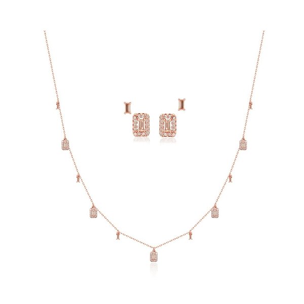 Conjunto de Colar com Dupla de Brincos Retangulares Banhado a Ouro Rosê