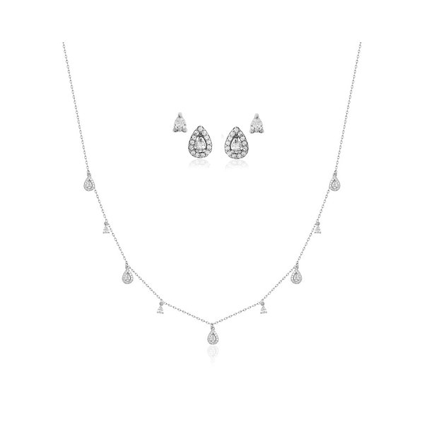 Conjunto de Colar com Dupla de Brincos em Gota Banhado a Ródio Branco