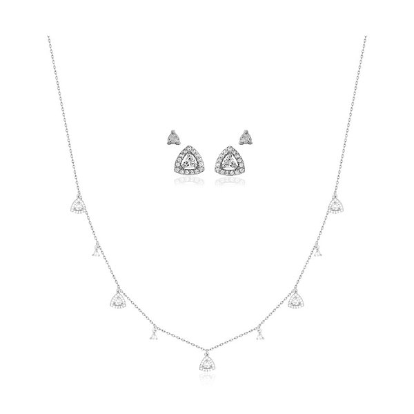 Conjunto de Colar com Dupla de Brincos Triangulares Banhado a Ródio Branco