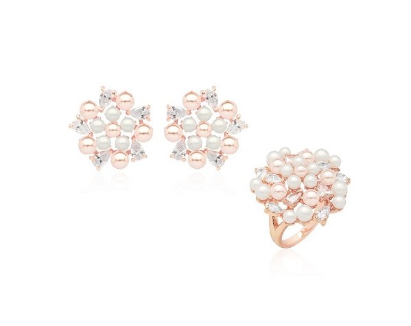 Conjunto Pérola com Gotas de Zircônias Banhado a Ouro Rosê