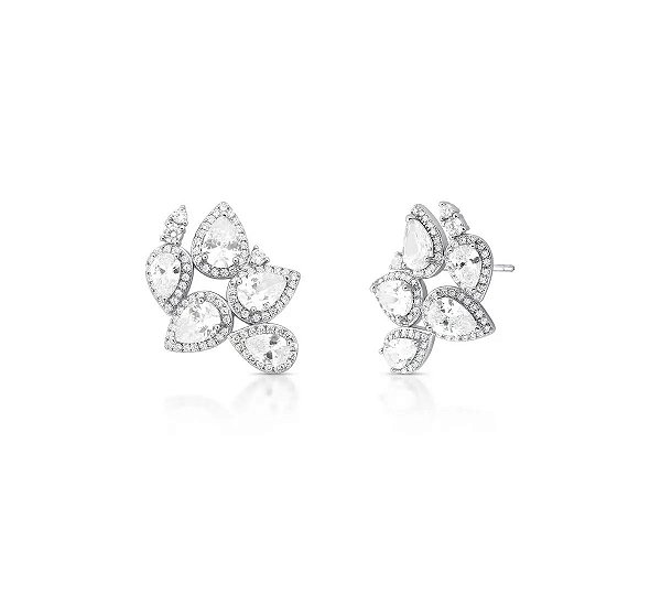 Brinco Ear Cuff Gotas Cristais Banhado a Ródio Branco