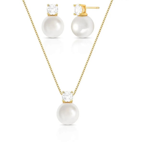 Conjunto Pérola com Zircônia Banhado a Ouro