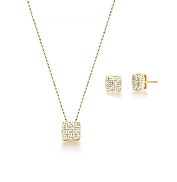 Conjunto Quadrado Cravejado Banhado a Ouro