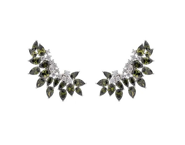 Brinco Ear Cuff Cravação Gota Peridoto Banhado a Ródio Branco